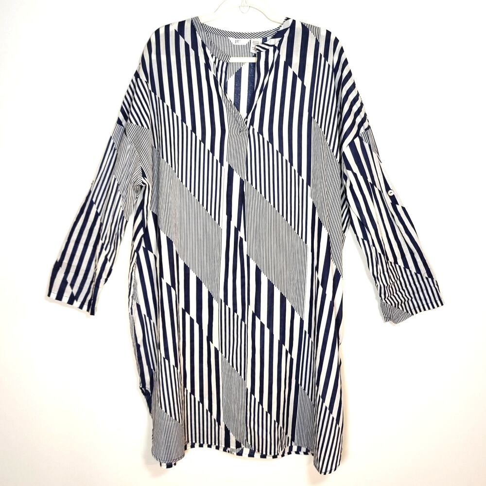 Sheer Cotton Shirtdress Cover Up Tunic Navy White Stripe Coastal Beach Pool L